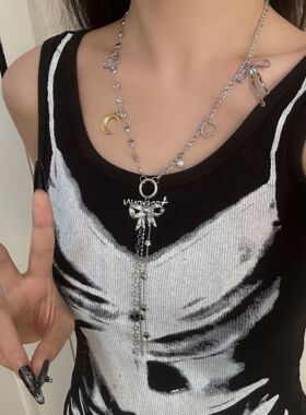 甜酷风心形流苏项链高级感星星蝴蝶结吊坠设计感毛衣链颈链配饰潮
