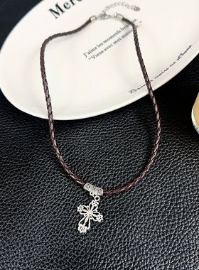 暗黑风皮绳镂空十字架项链女甜酷辣妹朋克简约百搭choker颈链