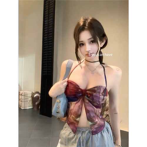 2024美式印花吊带背心女夏季泰式甜辣妹高级感不规则抹胸挂脖上衣 - 图2