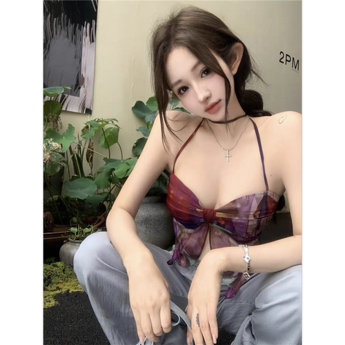 2024美式印花吊带背心女夏季泰式甜辣妹高级感不规则抹胸挂脖上衣 - 图0