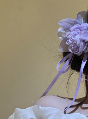 温柔紫色牡丹花朵发夹森系超仙侧边流苏飘带古风发卡气质氛围头饰