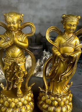 纯铜善财童子龙女佛像金童玉女观音菩萨左右护法神像摆件童男童女