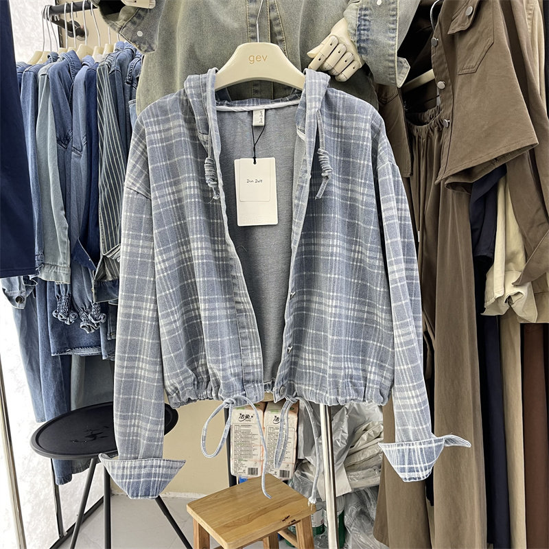 韩版复古苏格兰格纹连帽牛仔外套女秋季新款宽松显瘦抽绳短款上衣,淘宝优惠券,粉丝福利购,淘宝优惠卷
