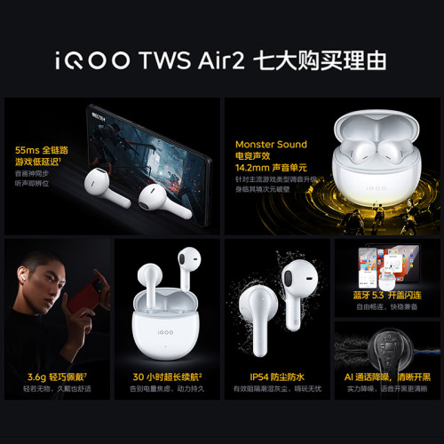 iQOO TWS Air2无线蓝牙耳机iqootwsair2降噪twsair3半入耳式tws1 - 图0