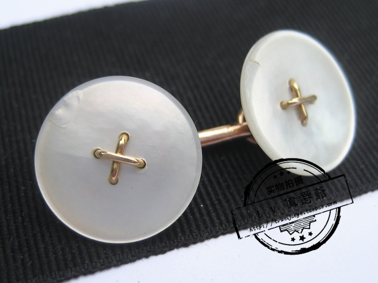 代购 古董爱德华七世时期艺术装饰14k黄金袖扣男士衬衫珍珠母纽扣