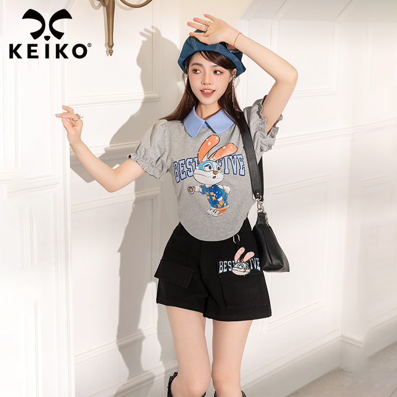 KEIKO 美式复古辣妹短袖t恤女24夏日多巴胺穿搭兔子印花短款上衣 - 图2