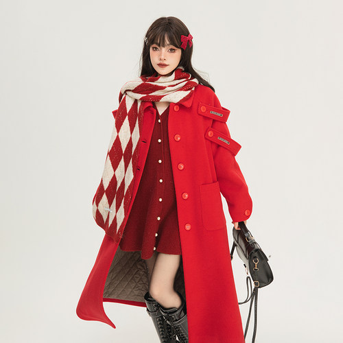 [夹棉]韩系红色毛呢大衣中长款冬季圣诞新年战袍加厚夹棉外套-图0