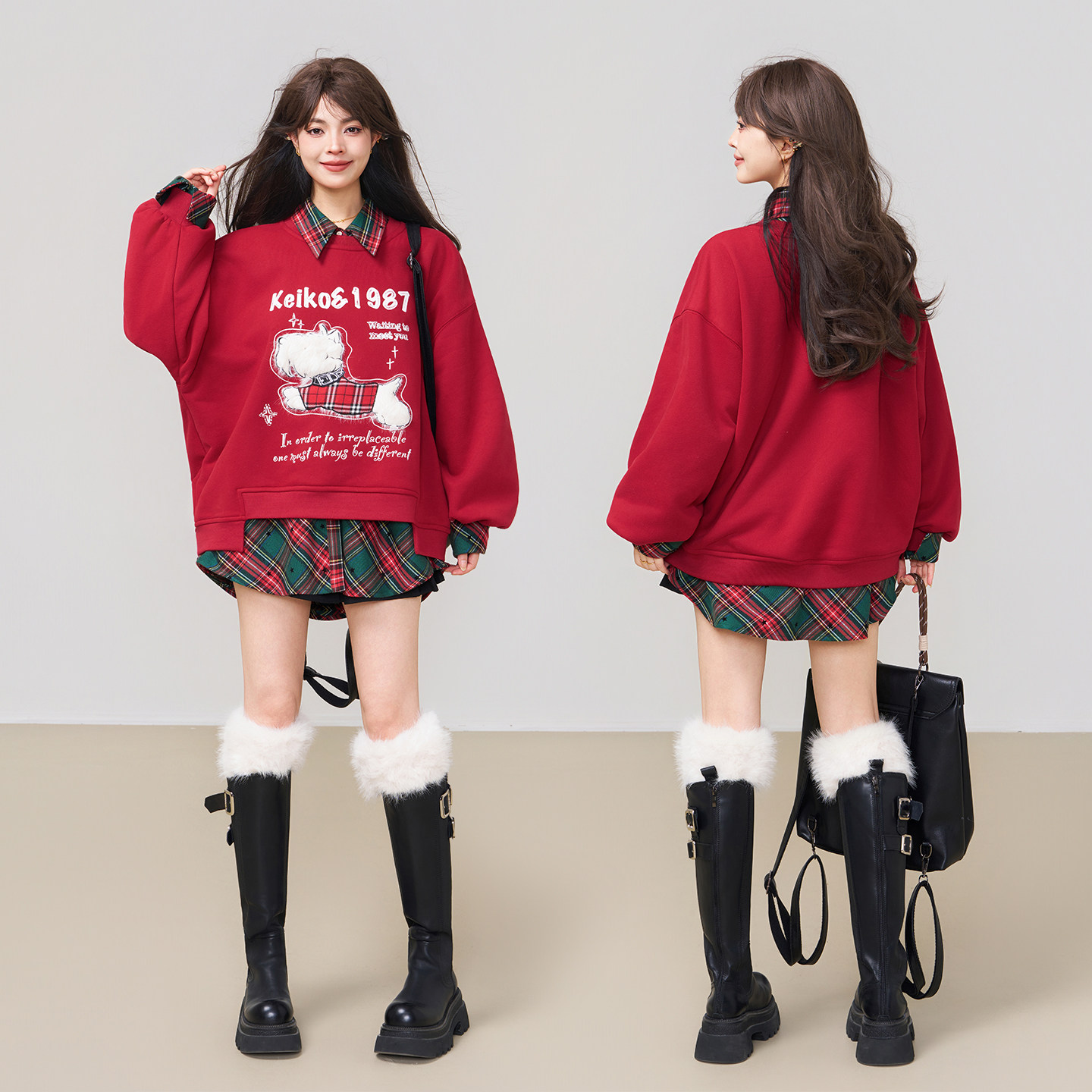 KEIKO [加密绒]小狗绣花红色卫衣女春季美式新年穿搭短款圆领上衣,淘宝优惠券,粉丝福利购,淘宝优惠卷