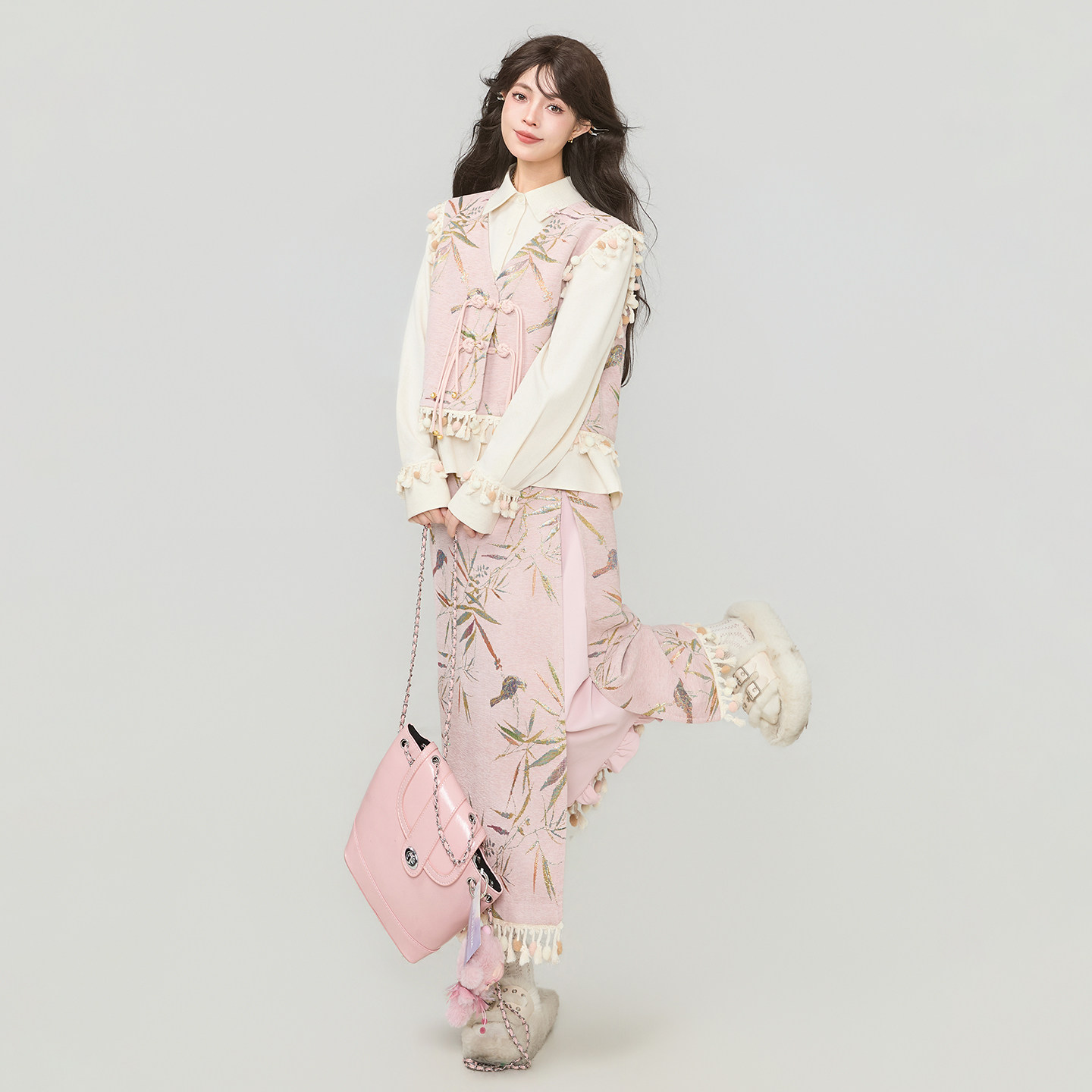 KEIKO 温婉新中式套装26春季盘扣提花马甲外套+衬衫+半身裙三件套,淘宝优惠券,粉丝福利购,淘宝优惠卷