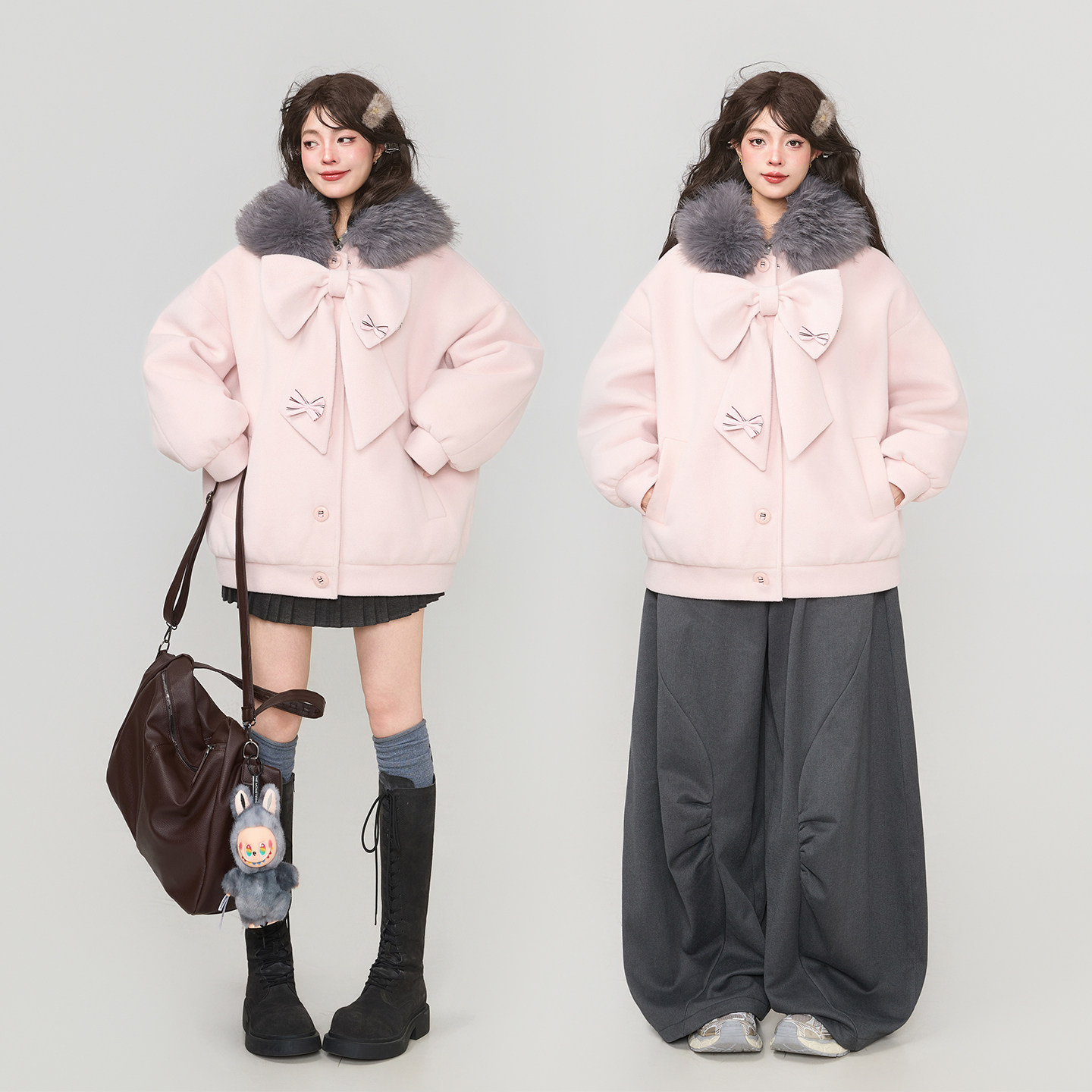 KEIKO 甜系大毛领毛呢外套女2025冬季粉色可拆蝴蝶结夹棉短款棉服,淘宝优惠券,粉丝福利购,淘宝优惠卷