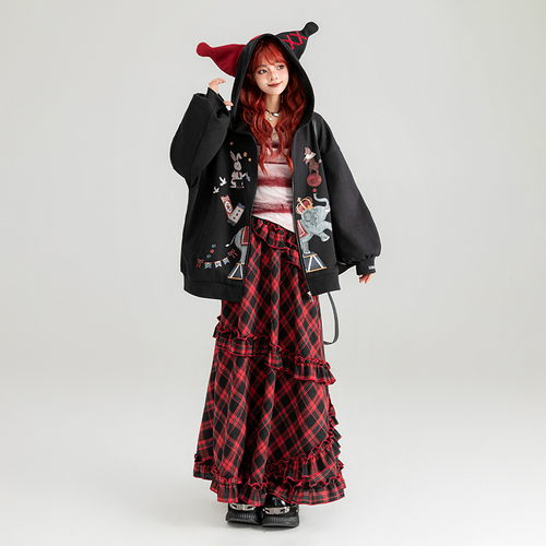 KEIKO马戏团系列印花黑色卫衣女2024春季创意设计连帽拉链外套