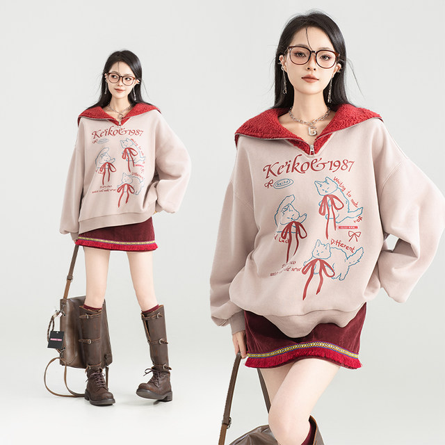 Kelly European and American retro navy collar velvet sweatshirt