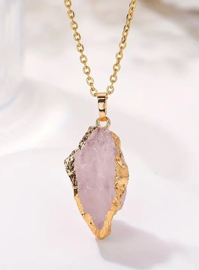 跨境天然石不规则原石水晶电镀鎏金吊坠粉晶黄水晶diy饰品配件项