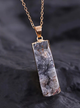 欧美长方形吊坠镀金边彩色石头吊坠项链 男女情侣毛衣链短链跨境