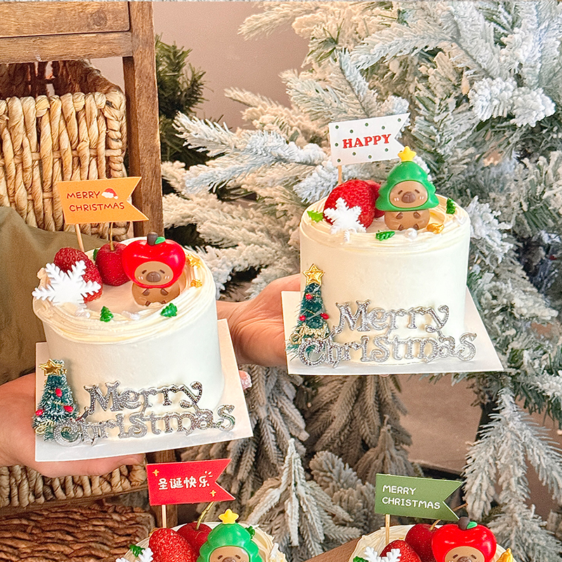 2026圣诞节快乐字牌蛋糕装饰插件卡通可爱圣诞树苹果卡皮巴拉摆件 - 图2