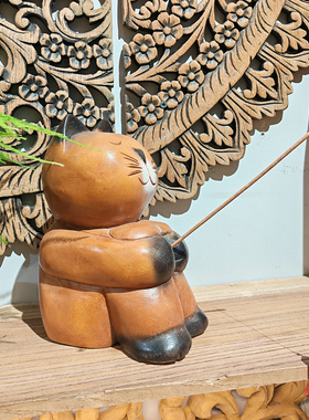 复古木雕可爱小猫创意摆件客厅