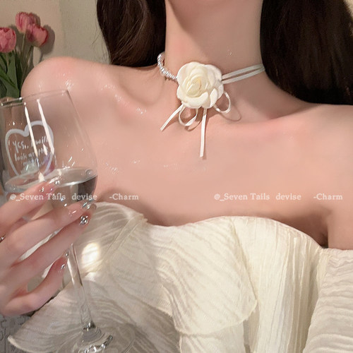 山茶花珍珠项链女choker锁骨链拼接轻奢小众花朵颈链高级脖子配饰 - 图3