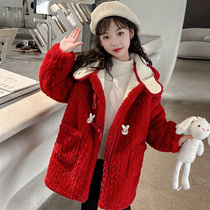 Girl Jacket Winter Clothing 2023 New Ocean Gas Children Plus Suede Thickened Hair Sweater Female Great Boy Mid Red Coat