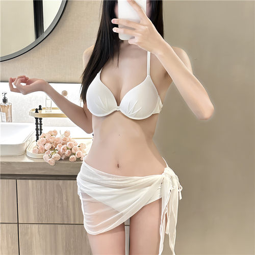 2025泳衣女三件套小胸聚拢钢托显瘦辣妹三点式性感白色比基尼泳装 - 图3