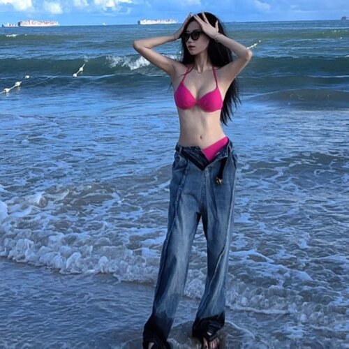 2025泳衣女三件套小胸聚拢钢托显瘦辣妹三点式性感白色比基尼泳装 - 图0
