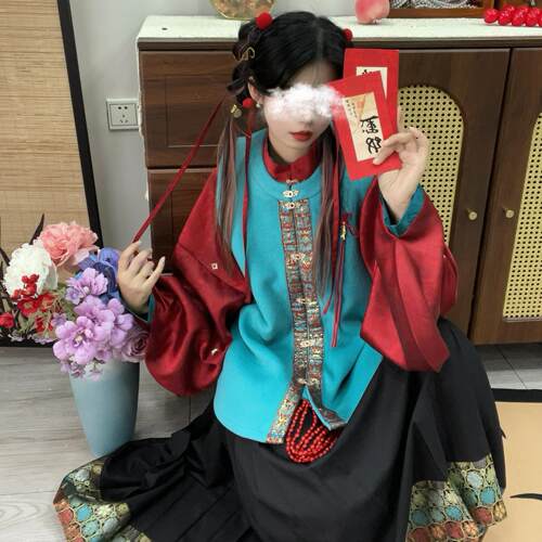 十里七巷 浮光 秋冬立领对襟琵琶袖毛呢比甲加绒新年战袍改良汉服 - 图3