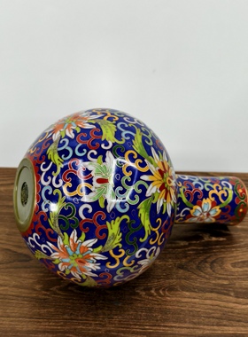 重胎景泰蓝花瓶宝蓝色铜胎掐丝珐琅天球瓶8英寸缠莲纹家居摆件