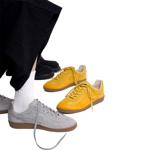 SYMBOLS OF LIGHT 火焰回溯 灰色真皮德训鞋系带中性复古板鞋男女 - 图0