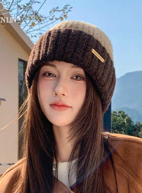 毛线帽子女秋冬撞色拼接百搭显脸小针织帽红色加厚保暖冷帽套头帽