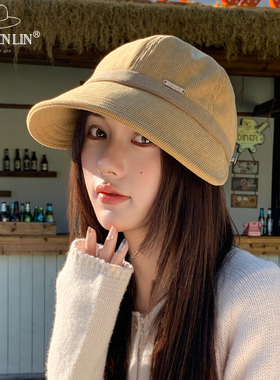 韩版宽檐大脸鸭舌帽女秋冬百搭可挂口罩渔夫帽显脸小灯芯绒加厚潮