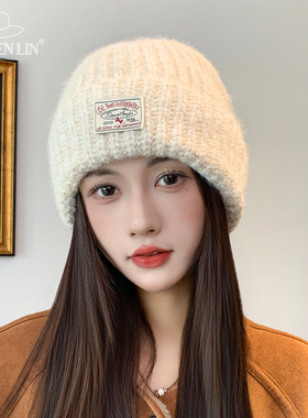 日系百搭针织帽女秋冬大头围加厚保暖防寒冷帽户外休闲时尚毛线帽