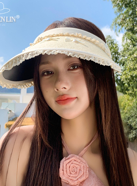 蕾丝花边珍珠蝴蝶结草编空顶帽女夏天黑胶大檐遮阳防晒户外太阳帽