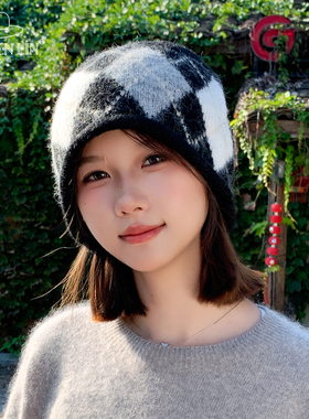 复古格纹堆堆帽子女秋冬保暖显脸小套头针织帽慵懒风百搭套头帽潮
