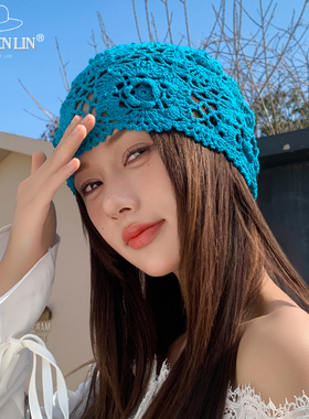 手工编织钩花镂空堆堆帽蓝色春夏薄款女复古民族风甜美针织包头帽