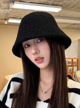 羊羔毛渔夫帽秋冬季女显白克莱因蓝色百搭亮色保暖小众盆帽显脸小