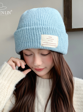 蓝色含羊毛针织帽子女2025秋冬新款韩系百搭毛线帽保暖护耳包头帽