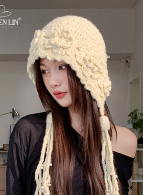 手工钩花流苏针织帽子冬季保暖