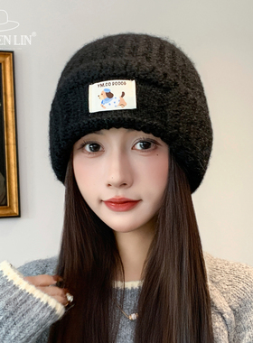 黑色休闲百搭可爱针织毛线帽子女秋冬季保暖显脸小百搭护耳大头围
