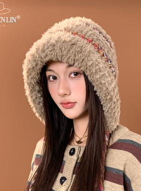 毛绒绒秋冬韩版拼接显脸小女大头围雷锋帽可爱彩编保暖骑车针织帽
