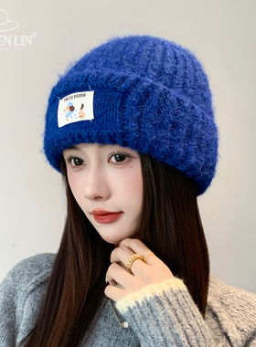 蓝色毛线帽女款秋冬加厚保暖针织帽大头围显脸小护耳包头百搭冷帽