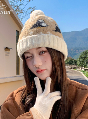 2025新款可爱小企鹅提花针织帽秋冬女韩版蓝色加厚百搭保暖毛线帽