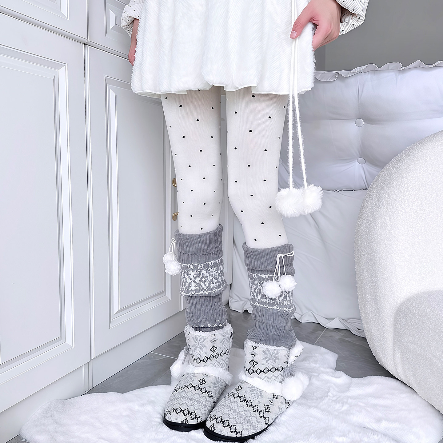 费尔岛针织配靴袜套jk秋冬毛球可爱复古小腿堆堆袜叠穿波点连裤袜,淘宝优惠券,粉丝福利购,淘宝优惠卷