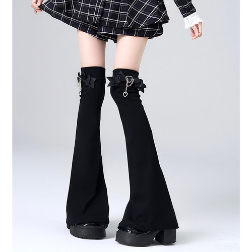 亚文化蝴蝶结链条腿套爱心皮扣白色阔腿过膝显瘦日本jk袜套女 - 图2