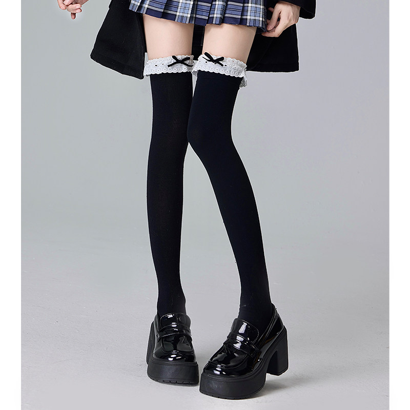 Lolita蕾丝花边复古蝴蝶结过膝黑色堆堆袜配靴jk长筒大衣袜秋冬女,淘宝优惠券,粉丝福利购,淘宝优惠卷
