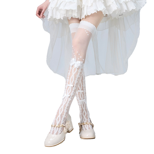 洛丽塔甜美蝴蝶结印花交叉花边Lolita过膝白丝袜子女夏春秋季薄款 - 图2