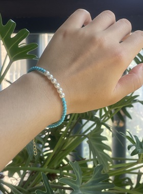 清新调色盘。浅蓝色松石人造珍珠拼接串珠项链手链简约高级气质