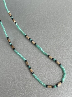 【清仓特价】天然绿珠图画黑玛瑙刻面闪亮细项链短锁骨时髦清新