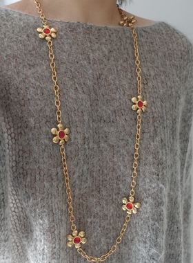 旺盛生命力。可爱红色琉璃花蕊复古金花朵链条长款项链毛衣秋冬