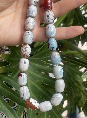 斑驳岁月。做旧玛瑙桶珠白蓝红OT扣串珠项链时髦高级复古个性小众