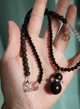 优雅清禅。黑檀木玛瑙白水晶撞色拼接葫芦吊坠项链清冷感国风小众