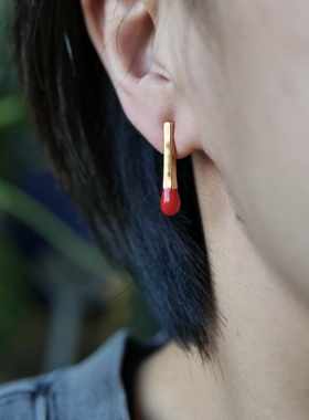 明亮火柴。金红撞色黄铜镀金滴釉可爱戒指耳钉925银针小众设计
